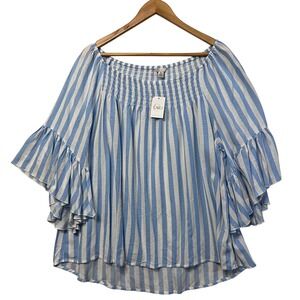 Cato Striped‎ Smocked Off Shoulder Ruffle Sleeve Blouse Top, XL, Blue White